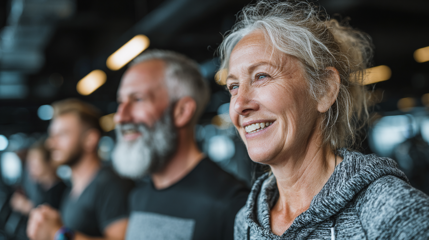 Активна літня пара займається фітнесом з планшетом